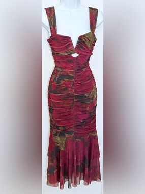 Honey and Rosie Red and Olive Floral Ruched Pencil Dress